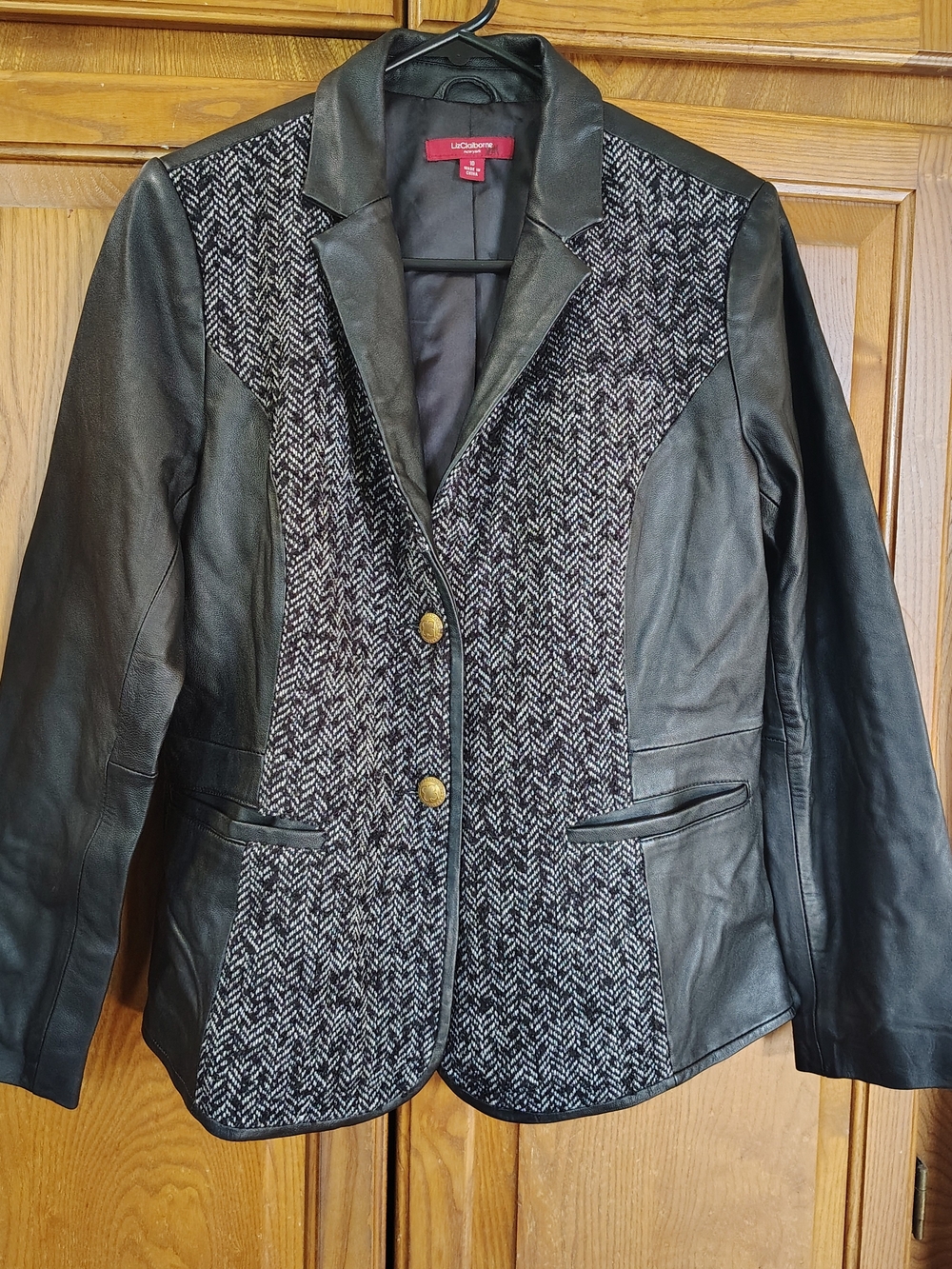 Vintage Liz Claiborne Black Leather & Herringbone Wool Blend Blazer Jacket Sz 10